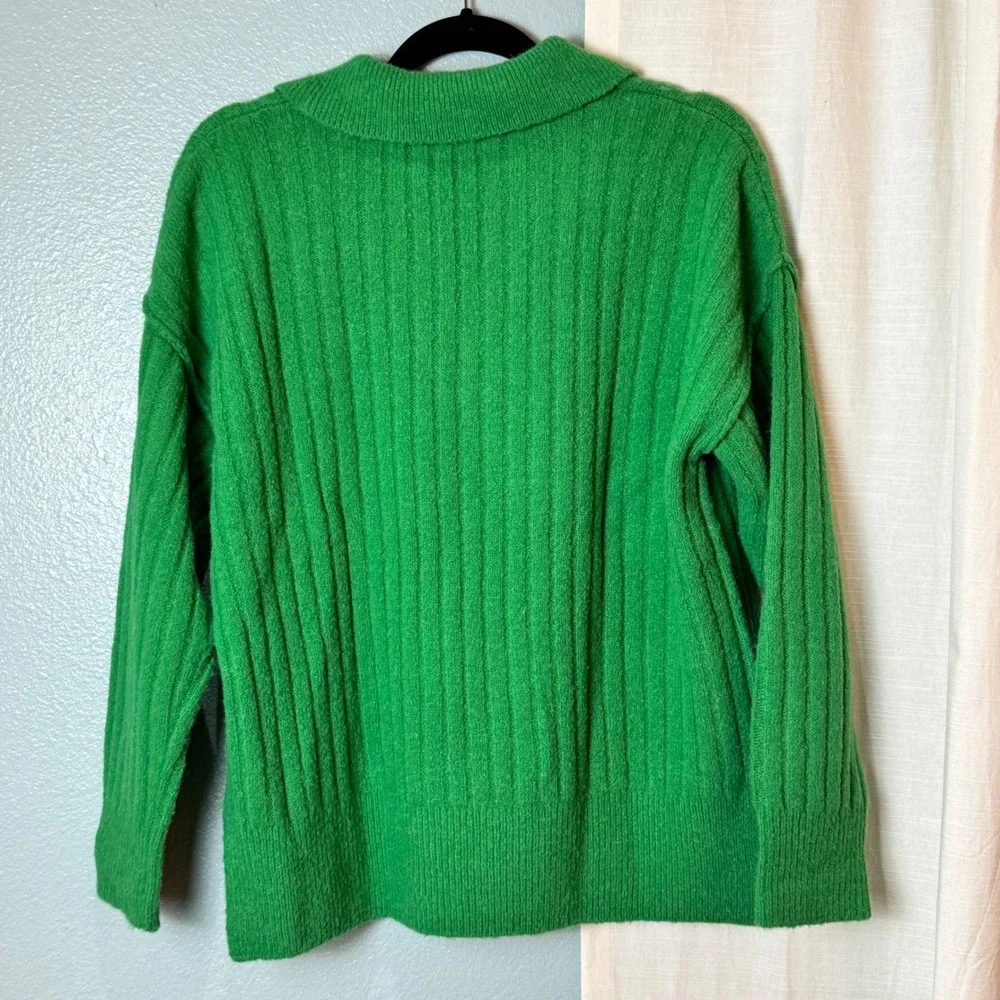 LaBiz Ribbed Polo V-Neck Sweater Womens Small Green Excellent Knit Long Sleeve - Picture 4 of 10